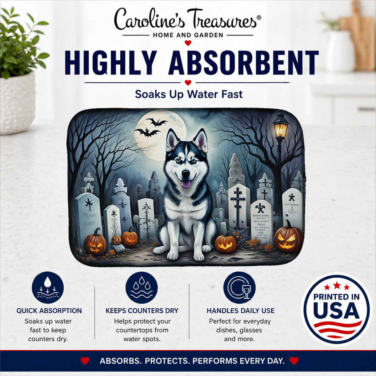 Caroline's Treasures DAC2055DDM Siberian Husky Spooky Halloween Dish Drying Mat Absorbent Dish Drying Mat Pad for Kitchen Counter Dish Drainer Mat for Countertop, 14 x 21, Multicolor