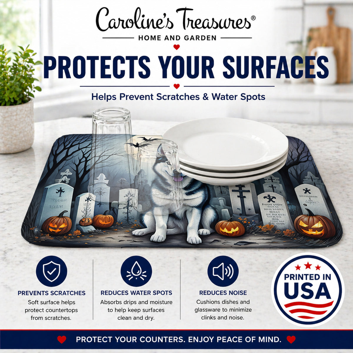 Caroline's Treasures DAC2055DDM Siberian Husky Spooky Halloween Dish Drying Mat Absorbent Dish Drying Mat Pad for Kitchen Counter Dish Drainer Mat for Countertop, 14 x 21, Multicolor