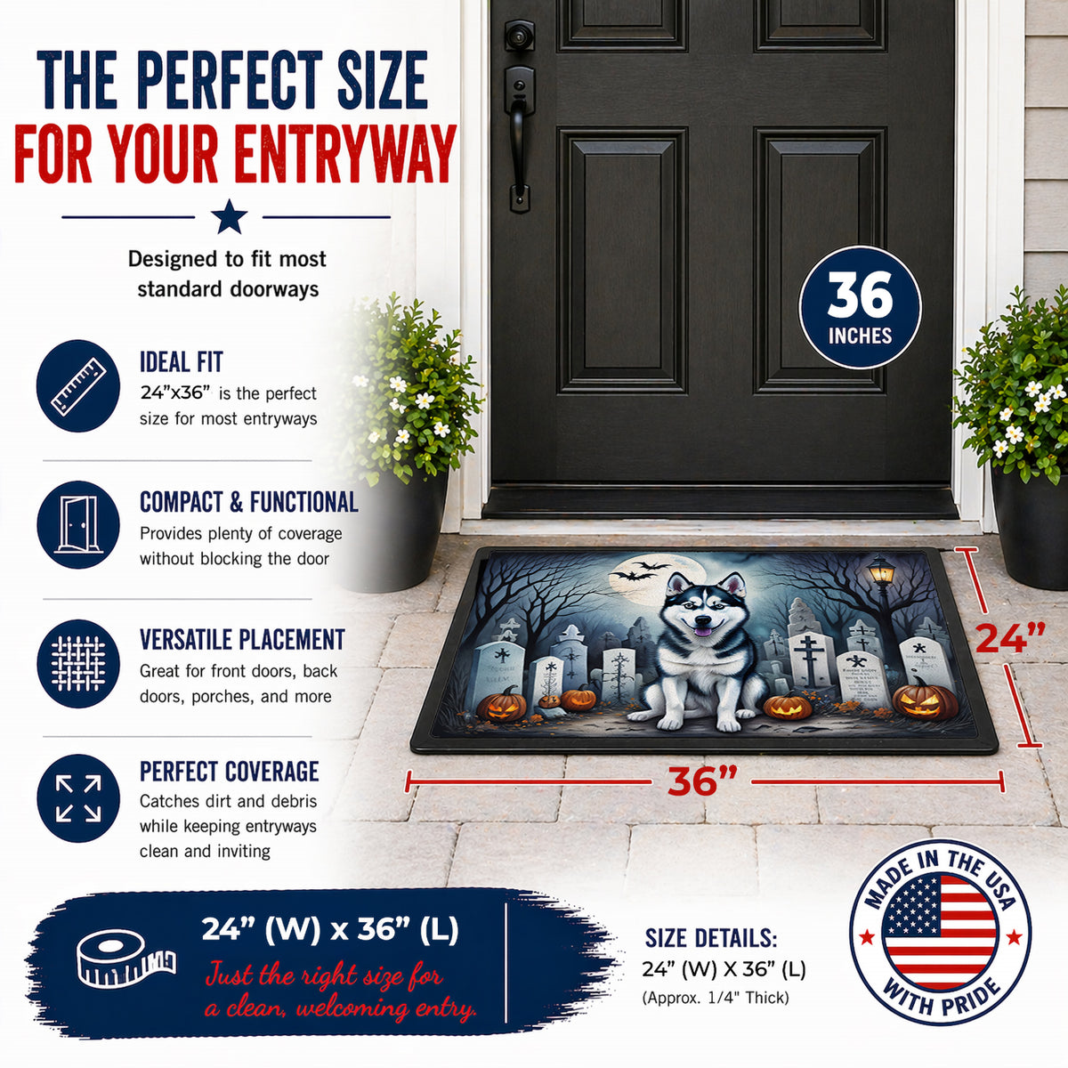 Caroline's Treasures DAC2055JMAT Siberian Husky Spooky Halloween Indoor or Outdoor Mat 24x36 Front Door Mat Indoor Outdoor Rugs for Entryway, Non Slip Washable Low Pile, 24H X 36W