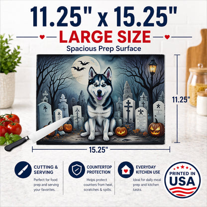 Caroline's Treasures DAC2055LCB Siberian Husky Spooky Halloween Glass Cutting Board Large Decorative Tempered Glass Kitchen Cutting and Serving Board Large Size Chopping Board