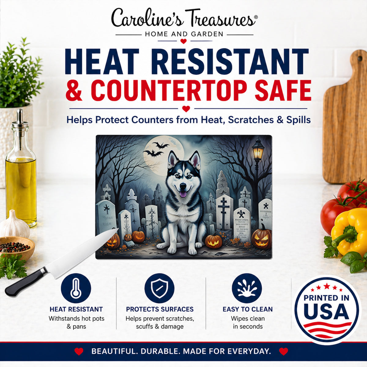 Caroline's Treasures DAC2055LCB Siberian Husky Spooky Halloween Glass Cutting Board Large Decorative Tempered Glass Kitchen Cutting and Serving Board Large Size Chopping Board