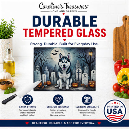 Caroline's Treasures DAC2055LCB Siberian Husky Spooky Halloween Glass Cutting Board Large Decorative Tempered Glass Kitchen Cutting and Serving Board Large Size Chopping Board