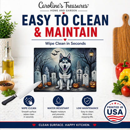 Caroline's Treasures DAC2055LCB Siberian Husky Spooky Halloween Glass Cutting Board Large Decorative Tempered Glass Kitchen Cutting and Serving Board Large Size Chopping Board