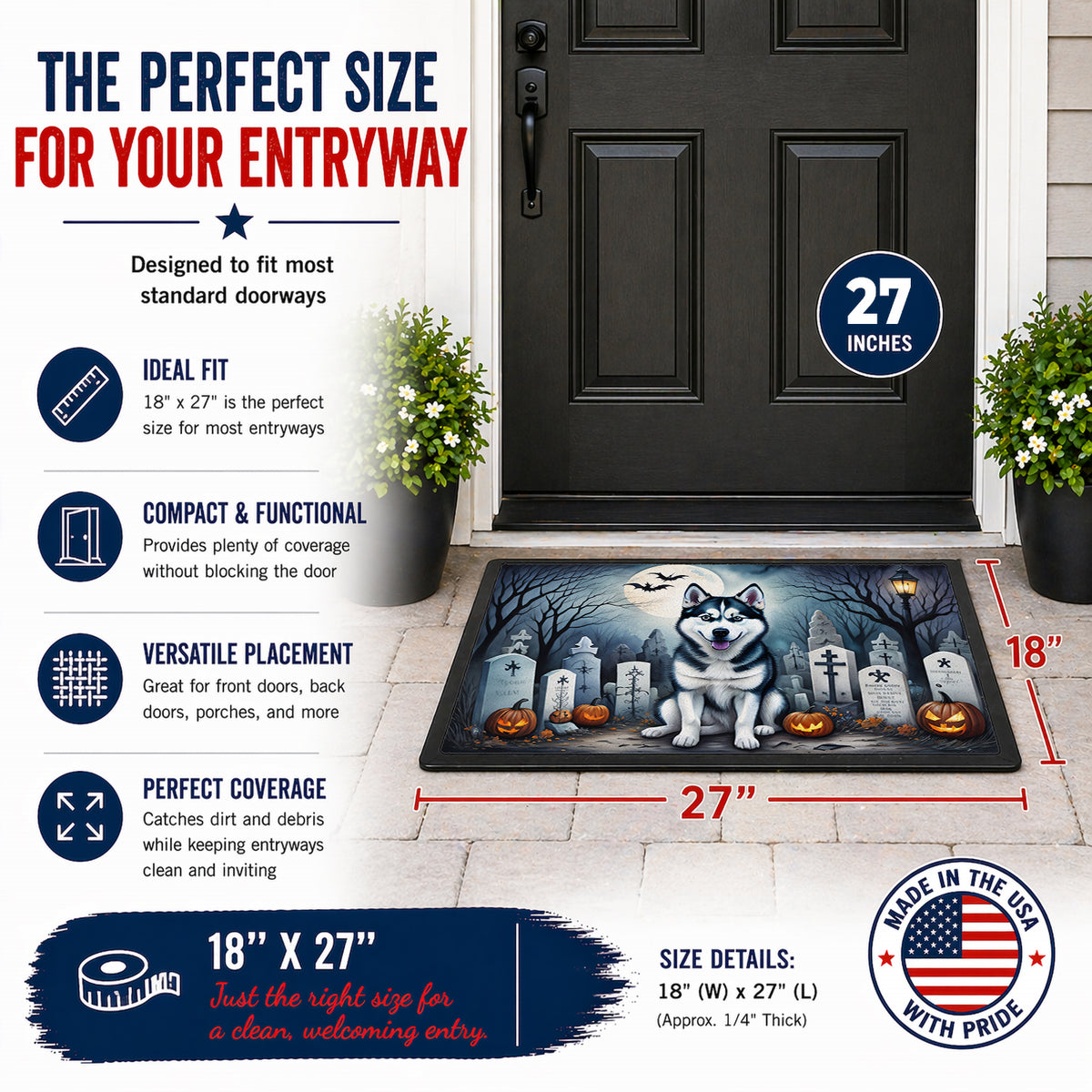 Caroline's Treasures DAC2055MAT Siberian Husky Spooky Halloween Doormat 18x27 Front Door Mat Indoor Outdoor Rugs for Entryway, Non Slip Washable Low Pile, 18H X 27W