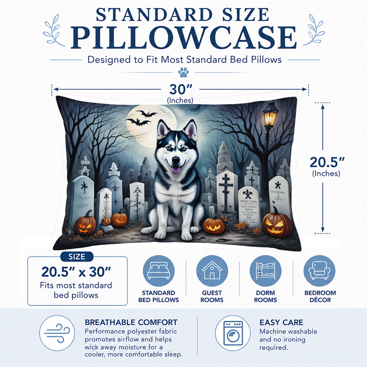 Caroline's Treasures DAC2055PILLOWCASE Siberian Husky Spooky Halloween Fabric Standard Pillowcase Lightweight Super Soft Easy Care Decorative Artwork Pillowcase, Standard