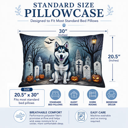 Caroline's Treasures DAC2055PILLOWCASE Siberian Husky Spooky Halloween Fabric Standard Pillowcase Lightweight Super Soft Easy Care Decorative Artwork Pillowcase, Standard