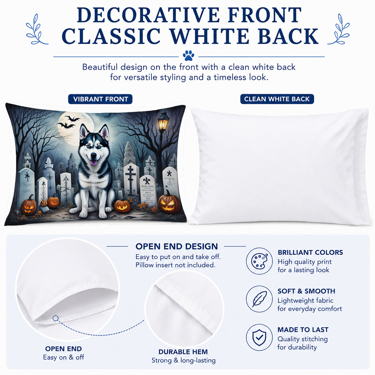Caroline's Treasures DAC2055PILLOWCASE Siberian Husky Spooky Halloween Fabric Standard Pillowcase Lightweight Super Soft Easy Care Decorative Artwork Pillowcase, Standard
