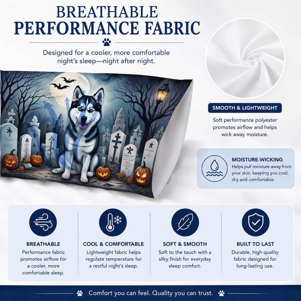 Caroline's Treasures DAC2055PILLOWCASE Siberian Husky Spooky Halloween Fabric Standard Pillowcase Lightweight Super Soft Easy Care Decorative Artwork Pillowcase, Standard