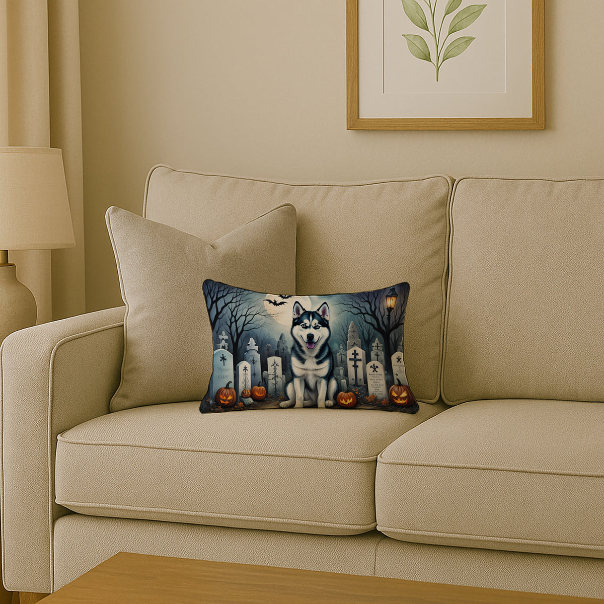 Caroline's Treasures DAC2055PW1216 Siberian Husky Spooky Halloween Fabric Decorative Pillow Machine Washable, Indoor Outdoor Decorative Pillow for Couch, Bed or Patio, 12HX16W