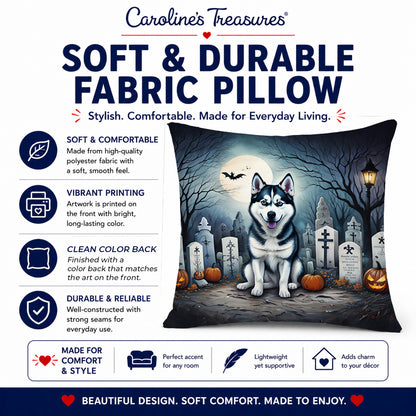 Caroline's Treasures DAC2055PW1414 Siberian Husky Spooky Halloween Fabric Decorative Pillow Machine Washable, Indoor Outdoor Decorative Pillow for Couch, Bed or Patio, 14Hx14W