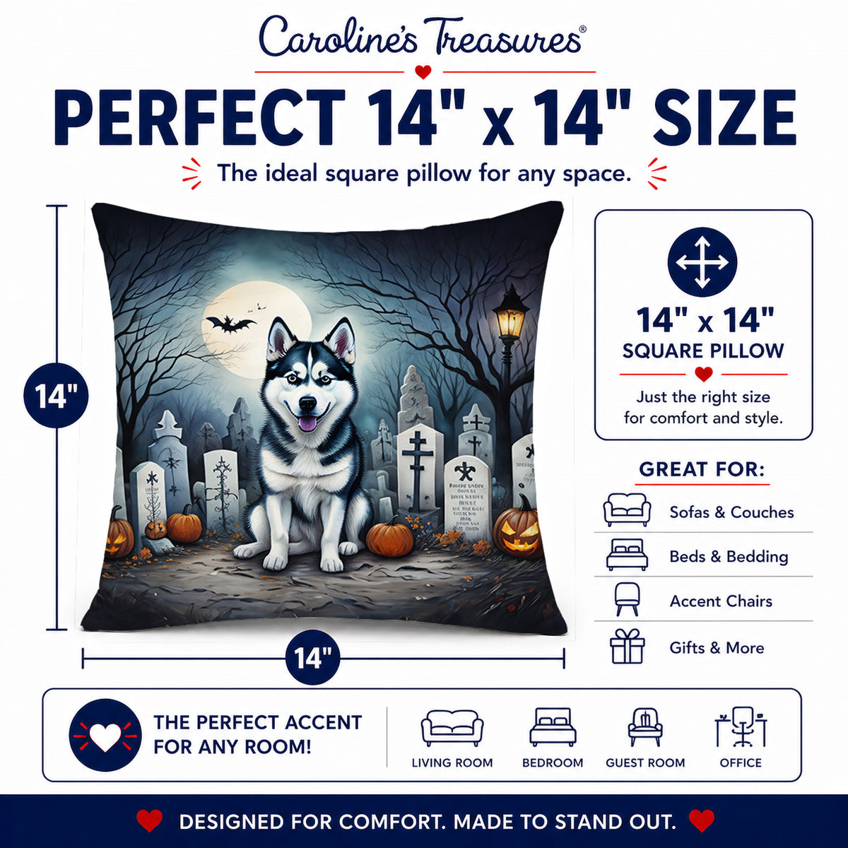Caroline's Treasures DAC2055PW1414 Siberian Husky Spooky Halloween Fabric Decorative Pillow Machine Washable, Indoor Outdoor Decorative Pillow for Couch, Bed or Patio, 14Hx14W