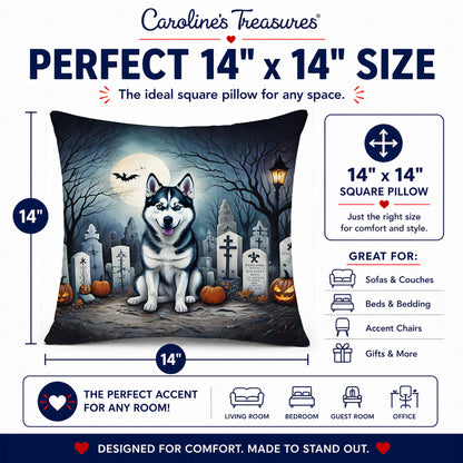 Caroline's Treasures DAC2055PW1414 Siberian Husky Spooky Halloween Fabric Decorative Pillow Machine Washable, Indoor Outdoor Decorative Pillow for Couch, Bed or Patio, 14Hx14W