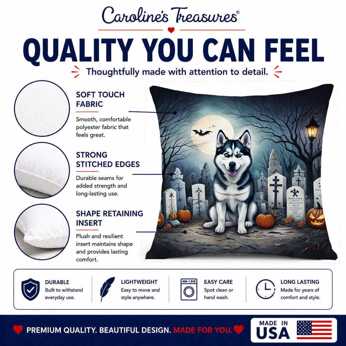 Caroline's Treasures DAC2055PW1414 Siberian Husky Spooky Halloween Fabric Decorative Pillow Machine Washable, Indoor Outdoor Decorative Pillow for Couch, Bed or Patio, 14Hx14W