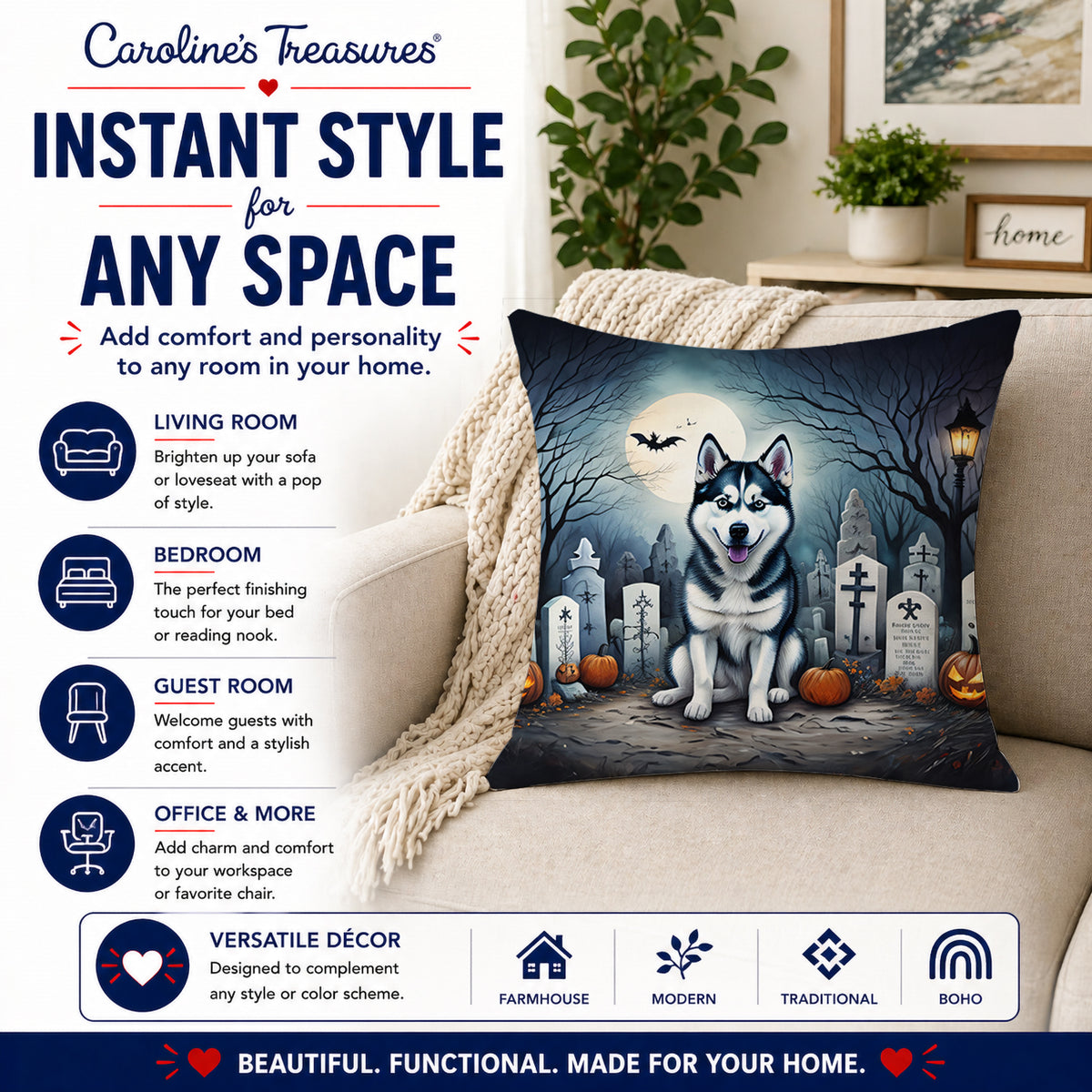 Caroline's Treasures DAC2055PW1414 Siberian Husky Spooky Halloween Fabric Decorative Pillow Machine Washable, Indoor Outdoor Decorative Pillow for Couch, Bed or Patio, 14Hx14W