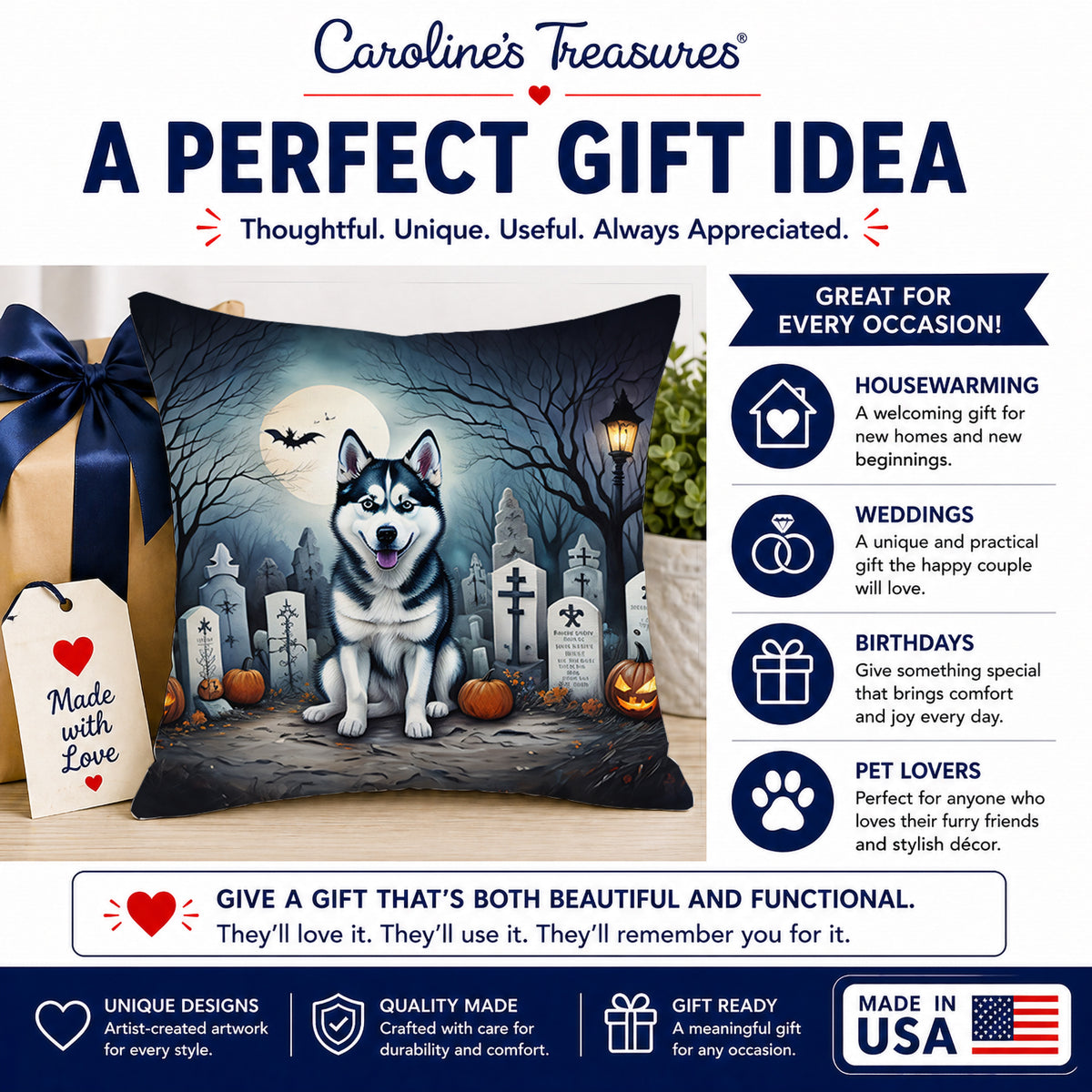 Caroline's Treasures DAC2055PW1414 Siberian Husky Spooky Halloween Fabric Decorative Pillow Machine Washable, Indoor Outdoor Decorative Pillow for Couch, Bed or Patio, 14Hx14W