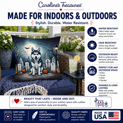 Caroline's Treasures DAC2055PW1414 Siberian Husky Spooky Halloween Fabric Decorative Pillow Machine Washable, Indoor Outdoor Decorative Pillow for Couch, Bed or Patio, 14Hx14W