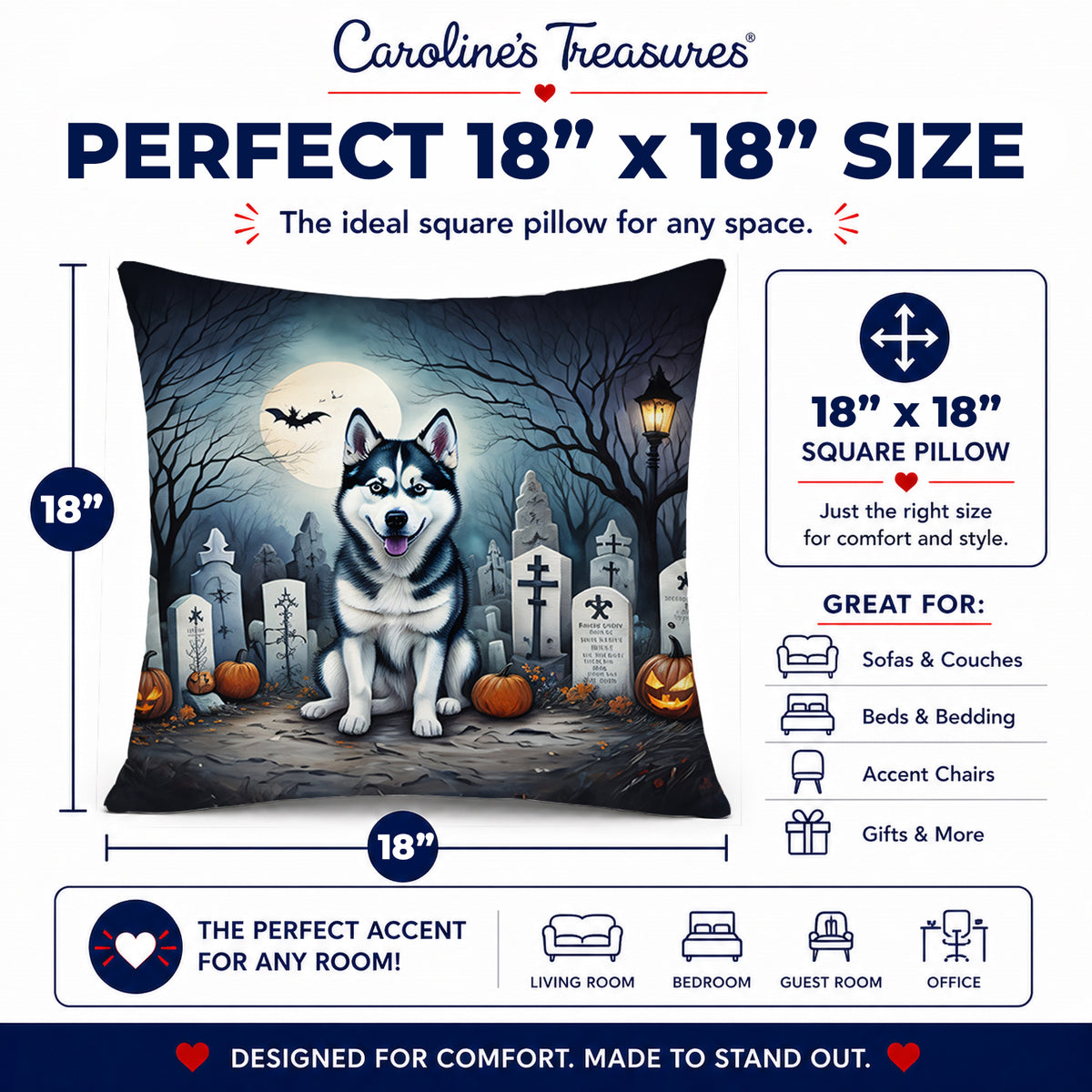 Caroline's Treasures DAC2055PW1818 Siberian Husky Spooky Halloween Fabric Decorative Pillow Machine Washable, Indoor Outdoor Decorative Pillow for Couch, Bed or Patio, 18Hx18W