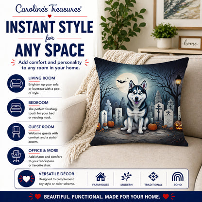 Caroline's Treasures DAC2055PW1818 Siberian Husky Spooky Halloween Fabric Decorative Pillow Machine Washable, Indoor Outdoor Decorative Pillow for Couch, Bed or Patio, 18Hx18W