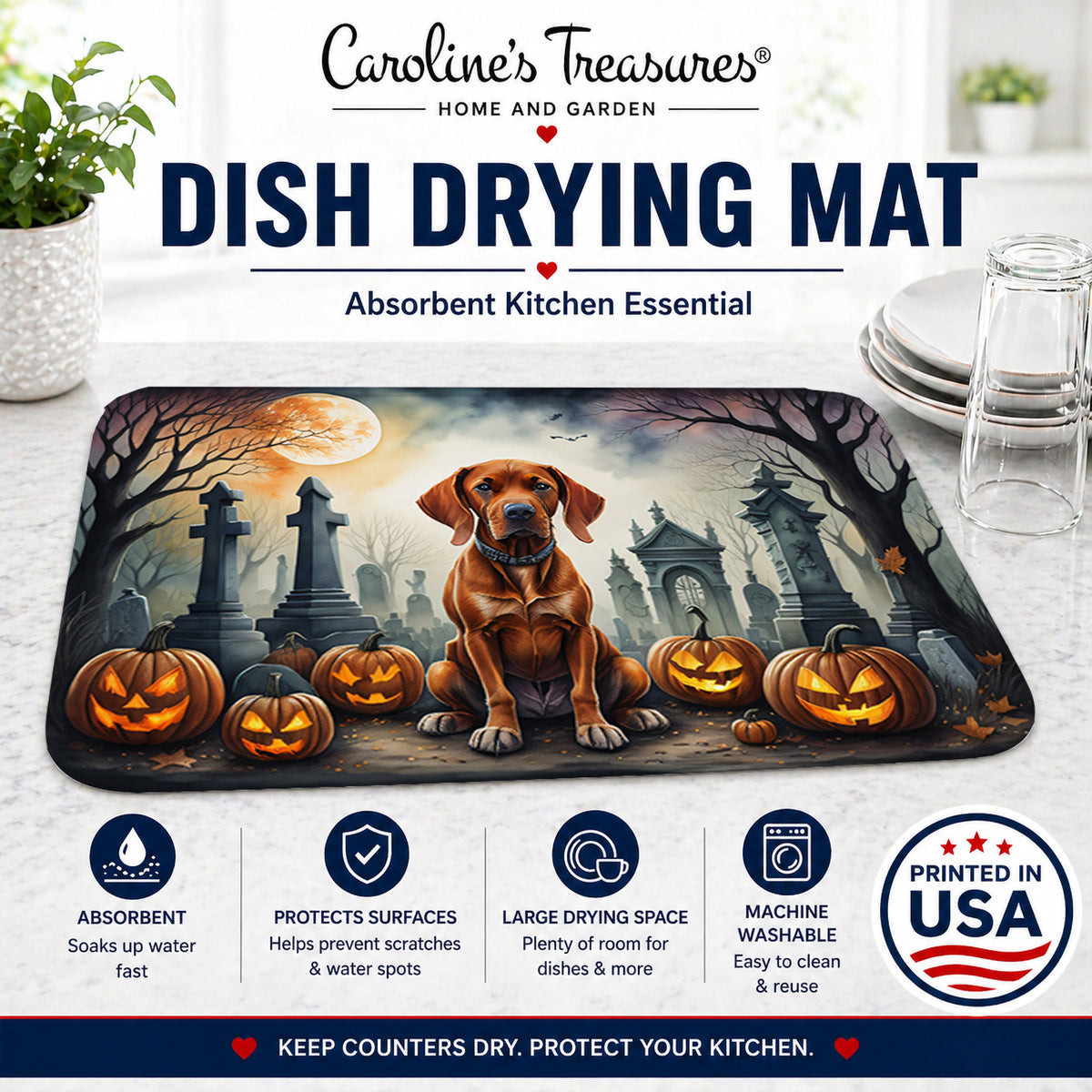 Caroline's Treasures DAC2056DDM Vizsla Spooky Halloween Dish Drying Mat Absorbent Dish Drying Mat Pad for Kitchen Counter Dish Drainer Mat for Countertop, 14 x 21, Multicolor