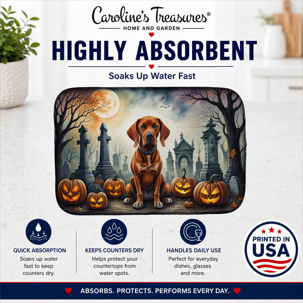 Caroline's Treasures DAC2056DDM Vizsla Spooky Halloween Dish Drying Mat Absorbent Dish Drying Mat Pad for Kitchen Counter Dish Drainer Mat for Countertop, 14 x 21, Multicolor