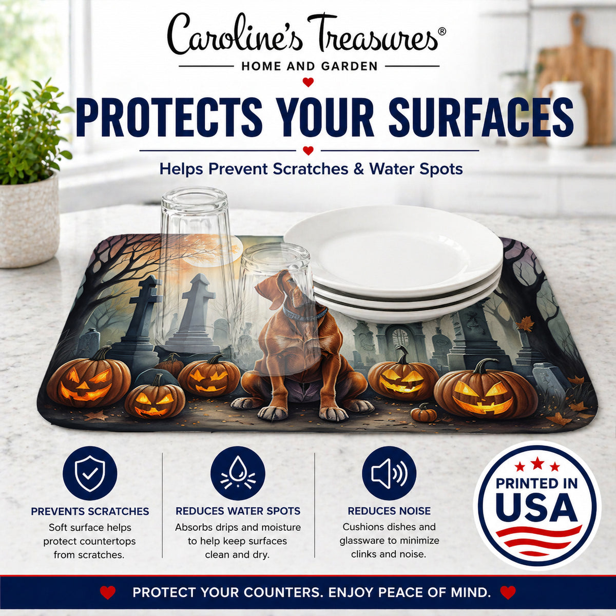 Caroline's Treasures DAC2056DDM Vizsla Spooky Halloween Dish Drying Mat Absorbent Dish Drying Mat Pad for Kitchen Counter Dish Drainer Mat for Countertop, 14 x 21, Multicolor