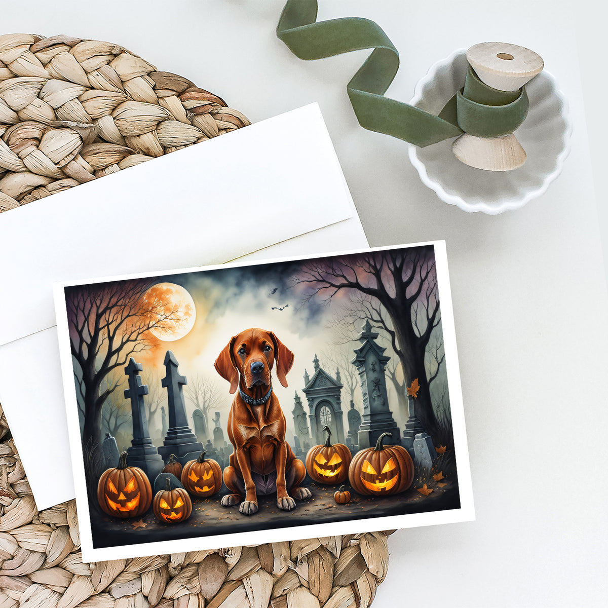 Caroline's Treasures DAC2056GCA7P Vizsla Spooky Halloween Greeting Cards and Envelopes Pack of 8 Blank Cards with Envelopes Whimsical A7 Size 5x7 Blank Greeting Cards