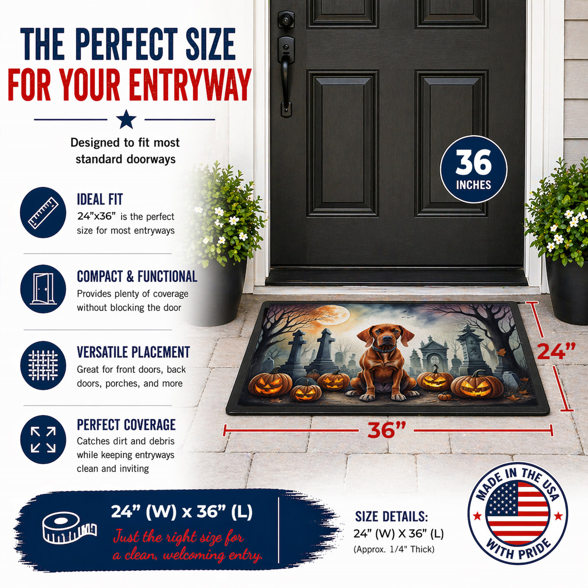 Caroline's Treasures DAC2056JMAT Vizsla Spooky Halloween Indoor or Outdoor Mat 24x36 Front Door Mat Indoor Outdoor Rugs for Entryway, Non Slip Washable Low Pile, 24H X 36W
