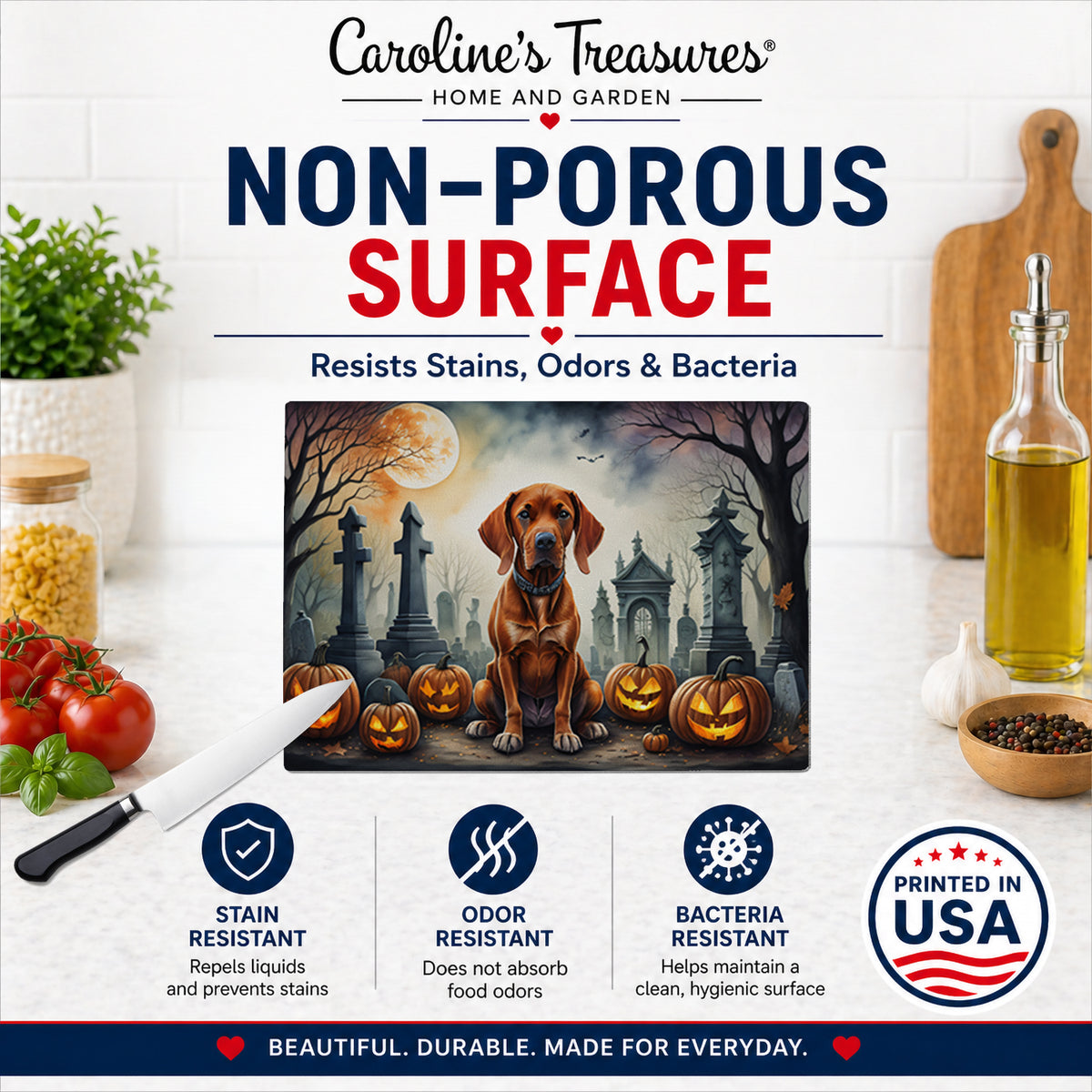 Caroline's Treasures DAC2056LCB Vizsla Spooky Halloween Glass Cutting Board Large Decorative Tempered Glass Kitchen Cutting and Serving Board Large Size Chopping Board