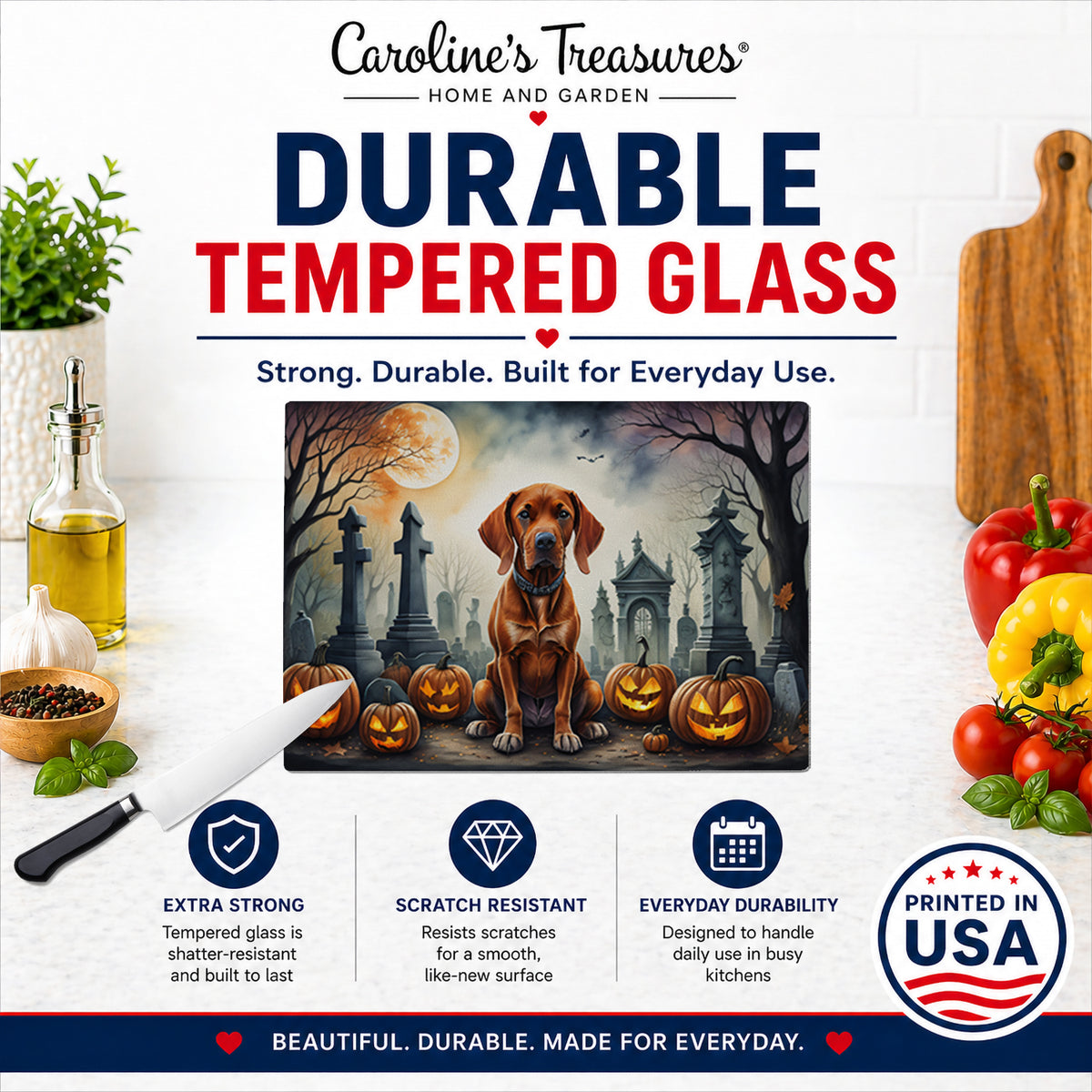 Caroline's Treasures DAC2056LCB Vizsla Spooky Halloween Glass Cutting Board Large Decorative Tempered Glass Kitchen Cutting and Serving Board Large Size Chopping Board