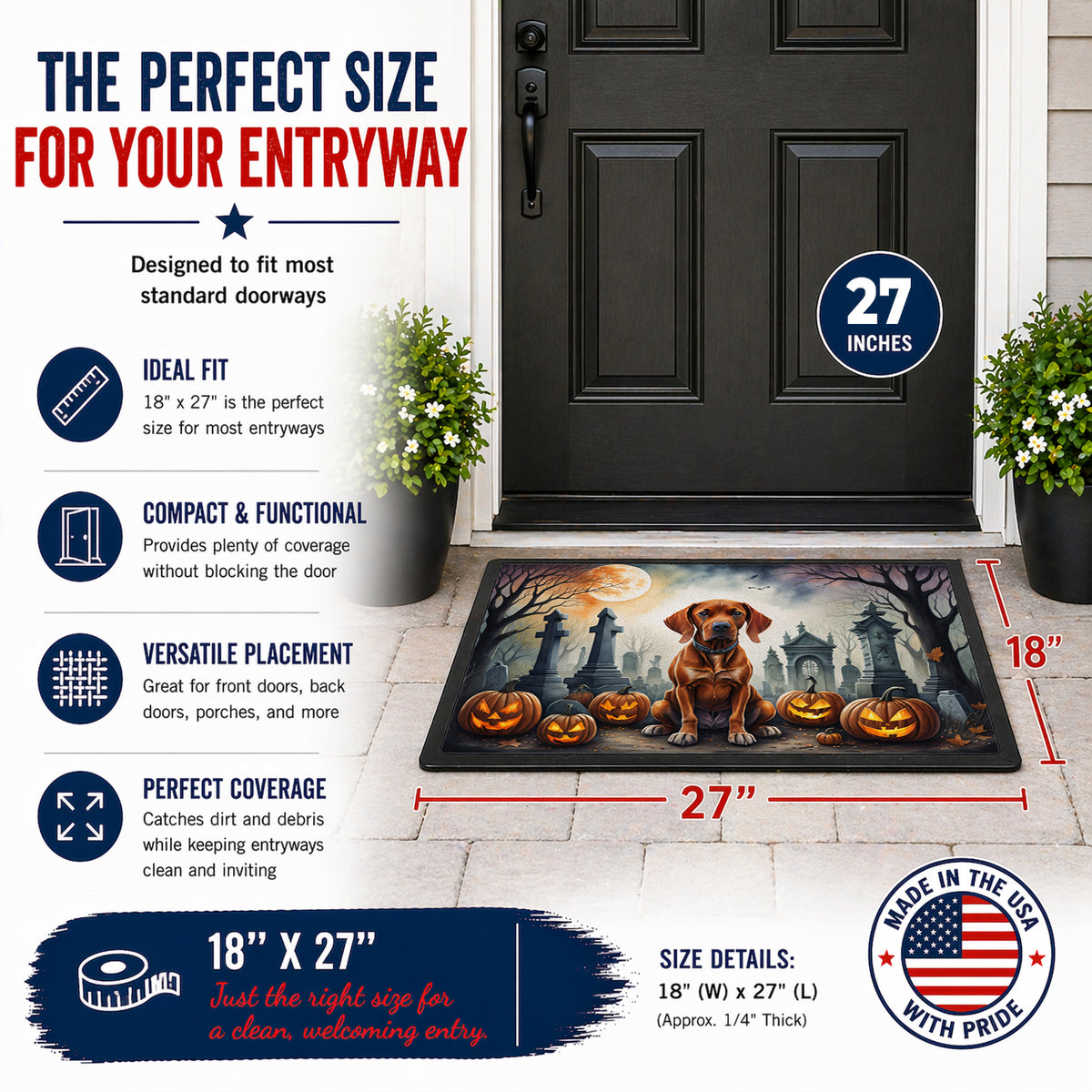 Caroline's Treasures DAC2056MAT Vizsla Spooky Halloween Doormat 18x27 Front Door Mat Indoor Outdoor Rugs for Entryway, Non Slip Washable Low Pile, 18H X 27W