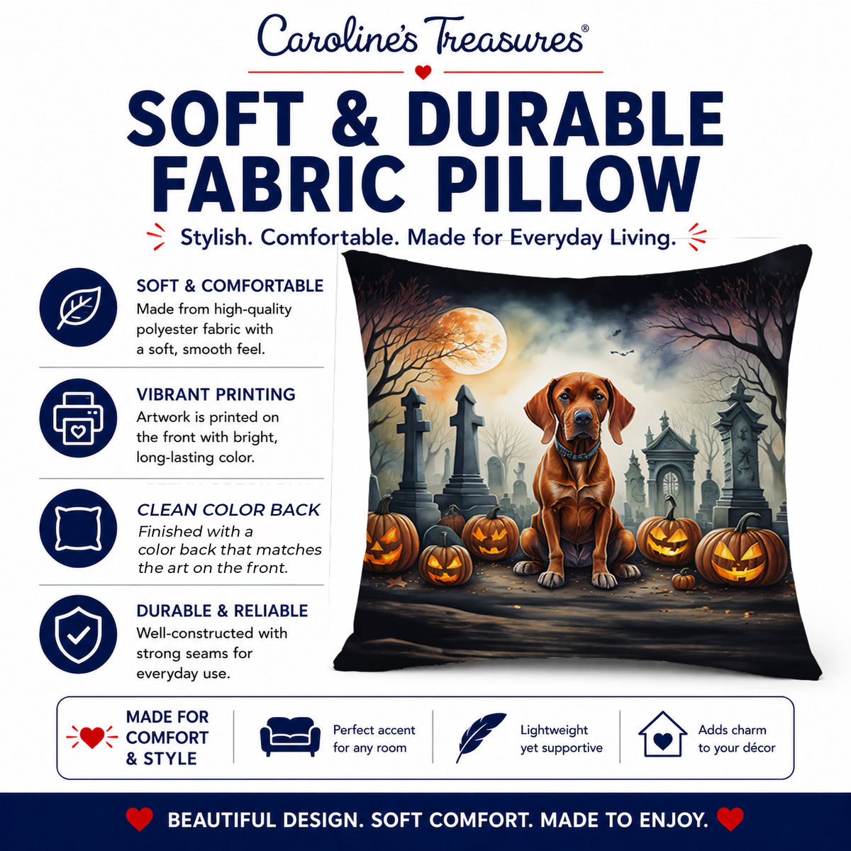 Caroline's Treasures DAC2056PW1818 Vizsla Spooky Halloween Fabric Decorative Pillow Machine Washable, Indoor Outdoor Decorative Pillow for Couch, Bed or Patio, 18Hx18W