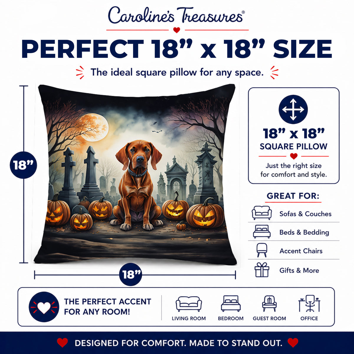 Caroline's Treasures DAC2056PW1818 Vizsla Spooky Halloween Fabric Decorative Pillow Machine Washable, Indoor Outdoor Decorative Pillow for Couch, Bed or Patio, 18Hx18W