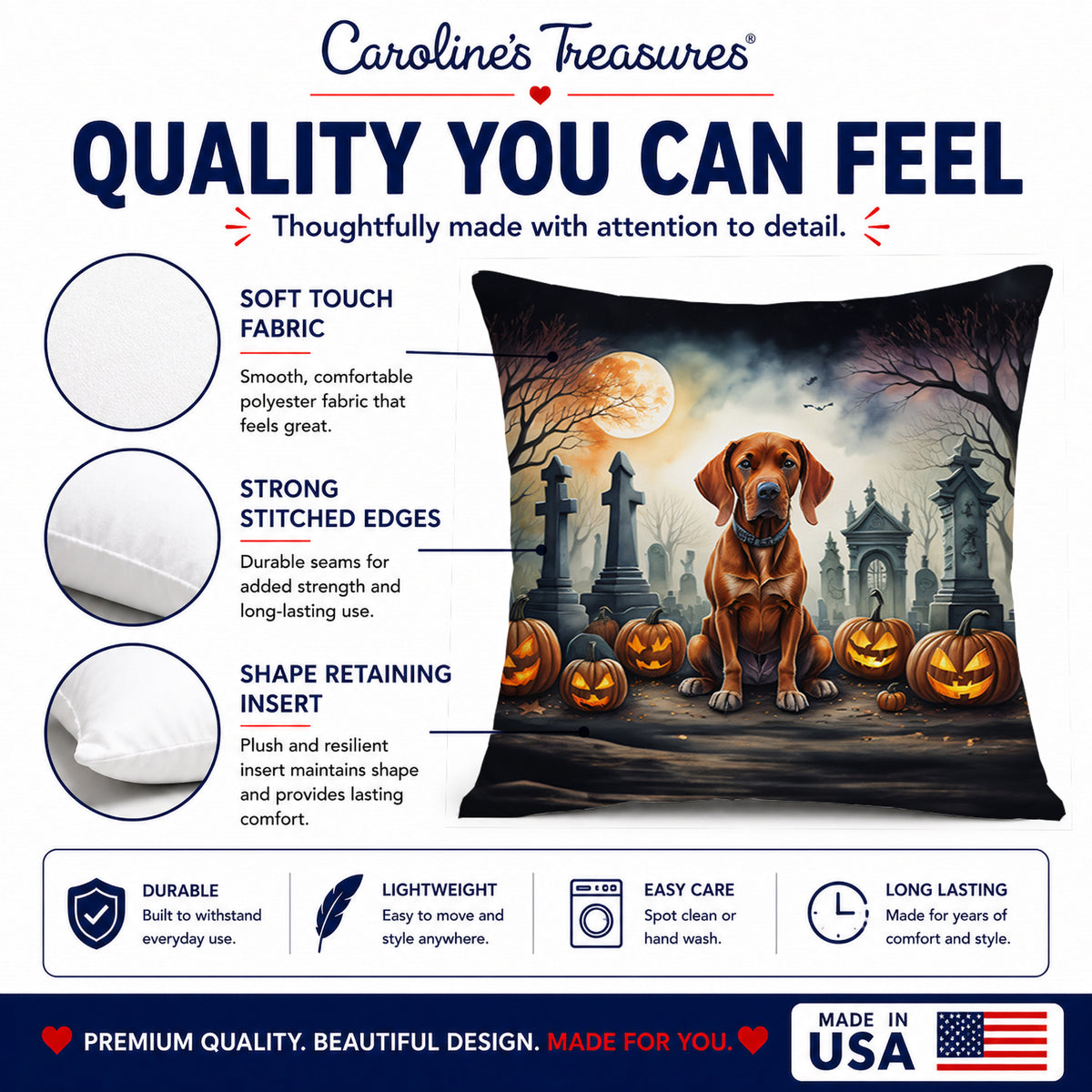 Caroline's Treasures DAC2056PW1818 Vizsla Spooky Halloween Fabric Decorative Pillow Machine Washable, Indoor Outdoor Decorative Pillow for Couch, Bed or Patio, 18Hx18W