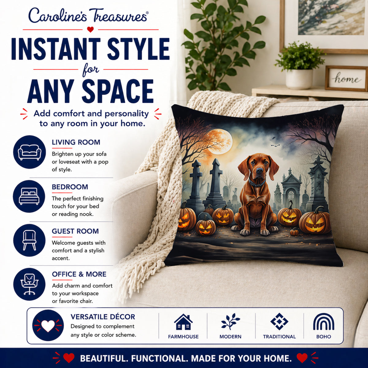 Caroline's Treasures DAC2056PW1818 Vizsla Spooky Halloween Fabric Decorative Pillow Machine Washable, Indoor Outdoor Decorative Pillow for Couch, Bed or Patio, 18Hx18W