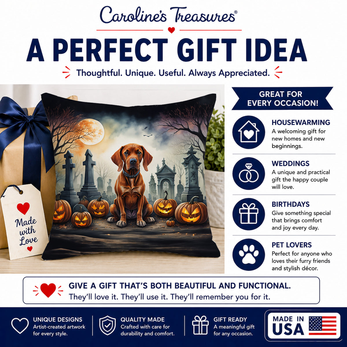 Caroline's Treasures DAC2056PW1818 Vizsla Spooky Halloween Fabric Decorative Pillow Machine Washable, Indoor Outdoor Decorative Pillow for Couch, Bed or Patio, 18Hx18W