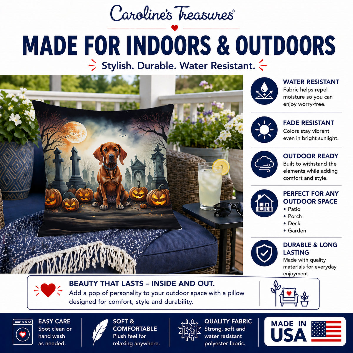 Caroline's Treasures DAC2056PW1818 Vizsla Spooky Halloween Fabric Decorative Pillow Machine Washable, Indoor Outdoor Decorative Pillow for Couch, Bed or Patio, 18Hx18W