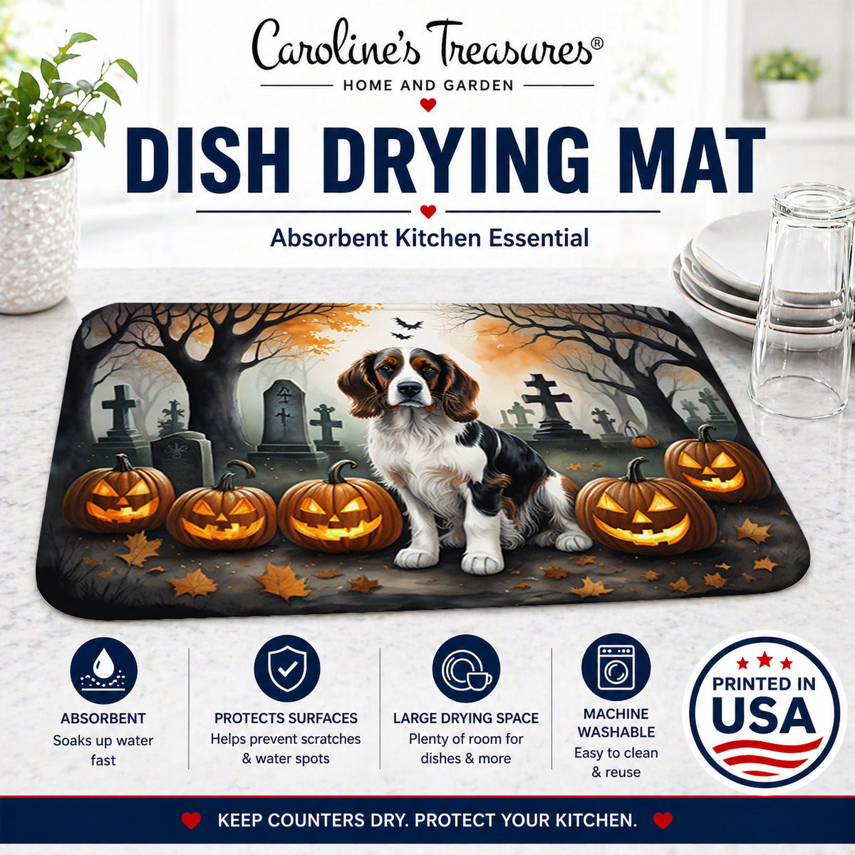 Caroline's Treasures DAC2057DDM Welsh Springer Spaniel Spooky Halloween Dish Drying Mat Absorbent Dish Drying Mat Pad for Kitchen Counter Dish Drainer Mat for Countertop, 14 x 21, Multicolor