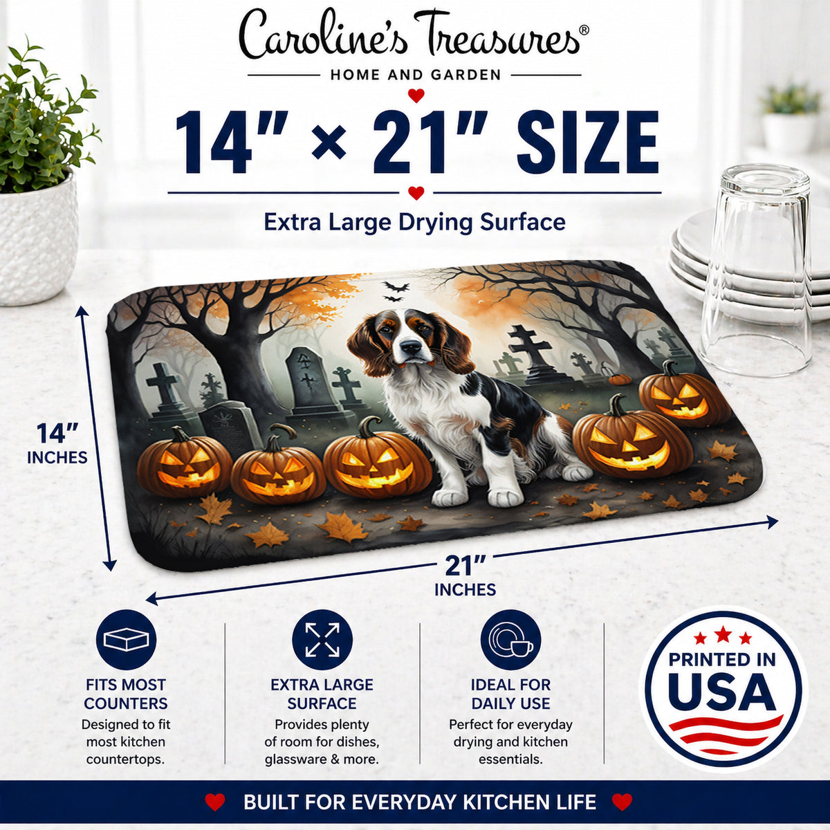Caroline's Treasures DAC2057DDM Welsh Springer Spaniel Spooky Halloween Dish Drying Mat Absorbent Dish Drying Mat Pad for Kitchen Counter Dish Drainer Mat for Countertop, 14 x 21, Multicolor