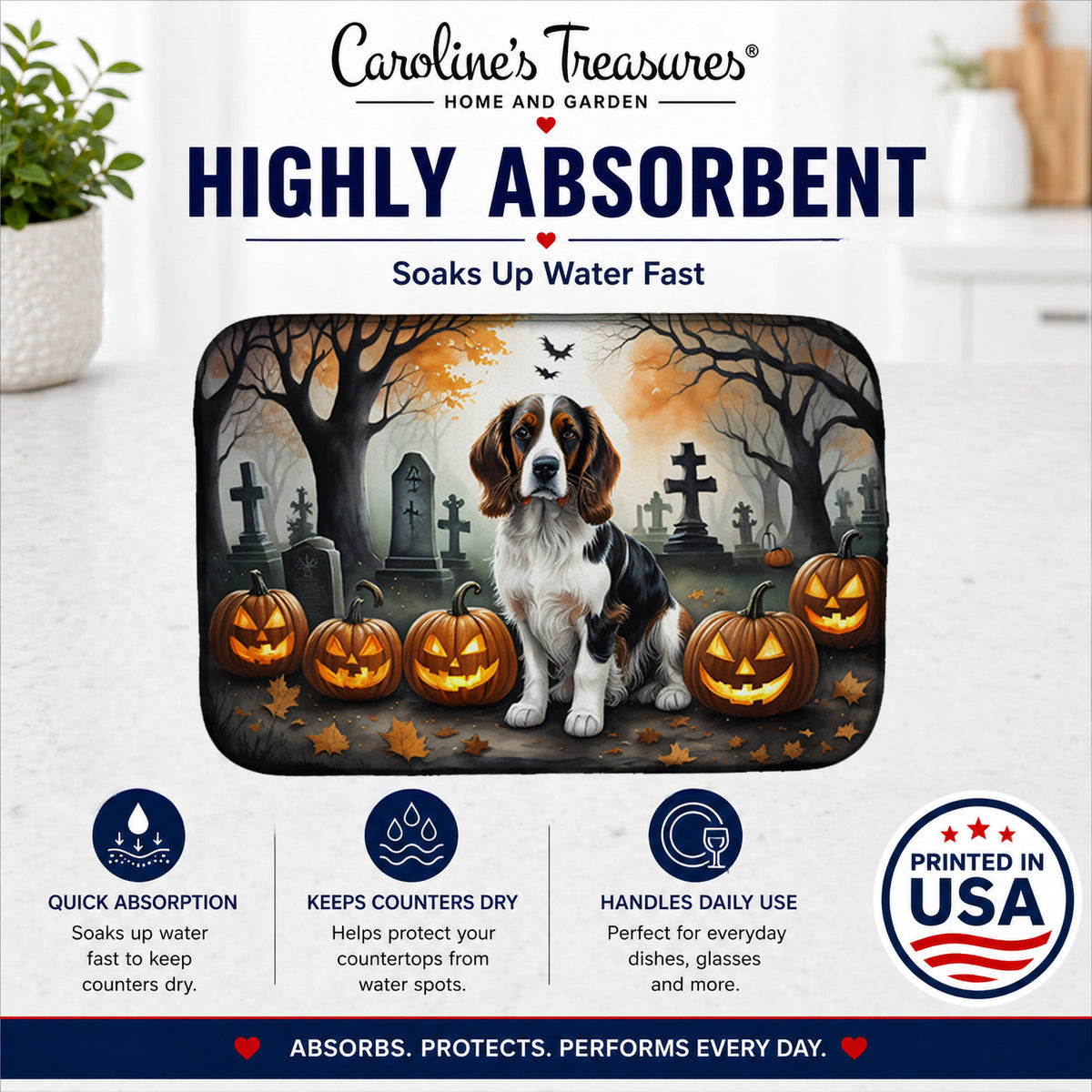 Caroline's Treasures DAC2057DDM Welsh Springer Spaniel Spooky Halloween Dish Drying Mat Absorbent Dish Drying Mat Pad for Kitchen Counter Dish Drainer Mat for Countertop, 14 x 21, Multicolor