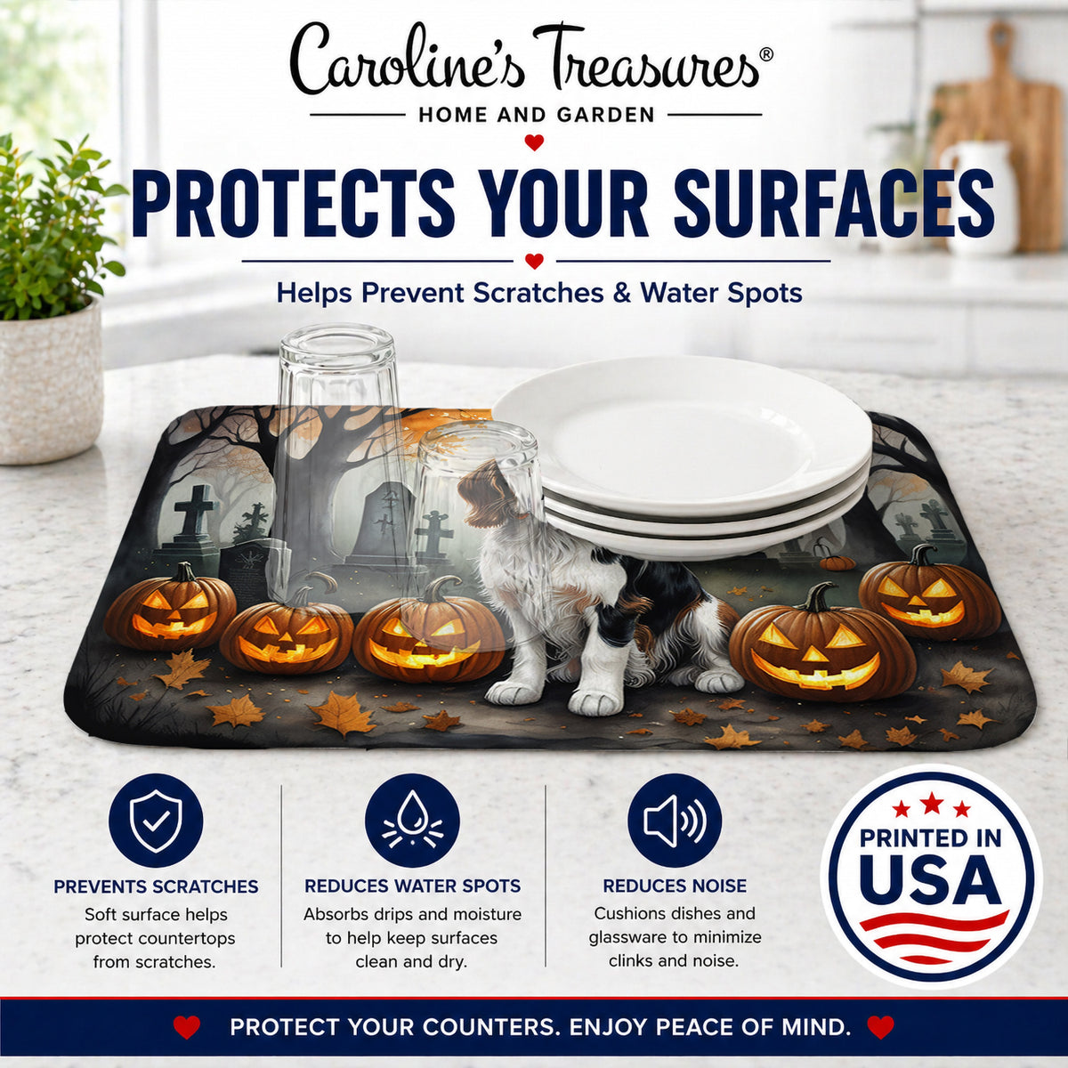 Caroline's Treasures DAC2057DDM Welsh Springer Spaniel Spooky Halloween Dish Drying Mat Absorbent Dish Drying Mat Pad for Kitchen Counter Dish Drainer Mat for Countertop, 14 x 21, Multicolor