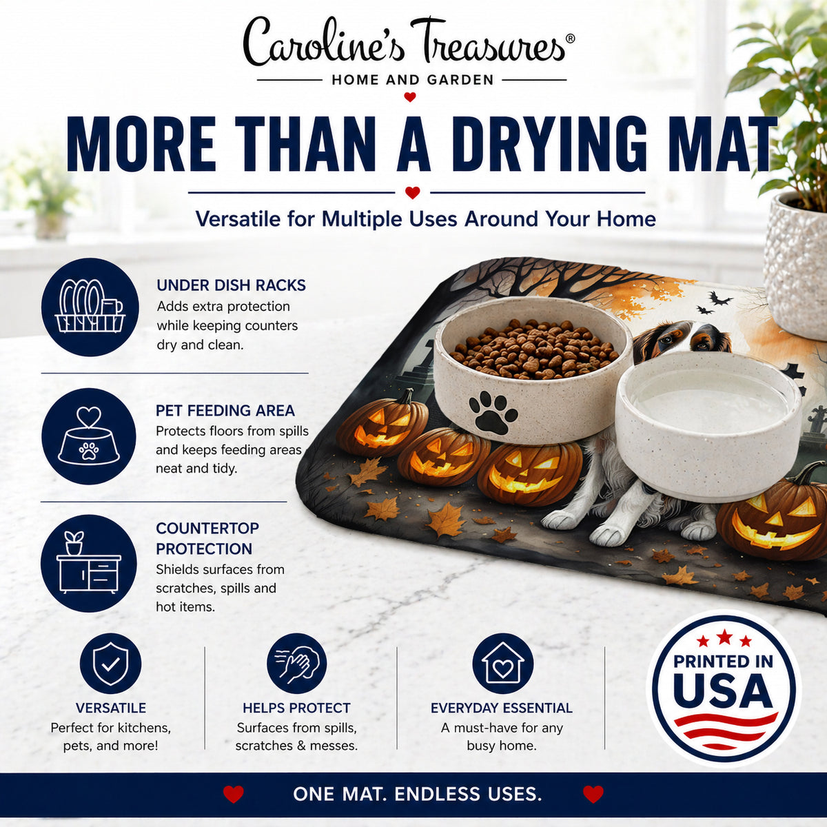 Caroline's Treasures DAC2057DDM Welsh Springer Spaniel Spooky Halloween Dish Drying Mat Absorbent Dish Drying Mat Pad for Kitchen Counter Dish Drainer Mat for Countertop, 14 x 21, Multicolor