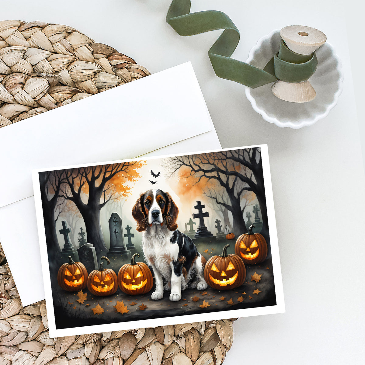 Caroline's Treasures DAC2057GCA7P Welsh Springer Spaniel Spooky Halloween Greeting Cards and Envelopes Pack of 8 Blank Cards with Envelopes Whimsical A7 Size 5x7 Blank Greeting Cards