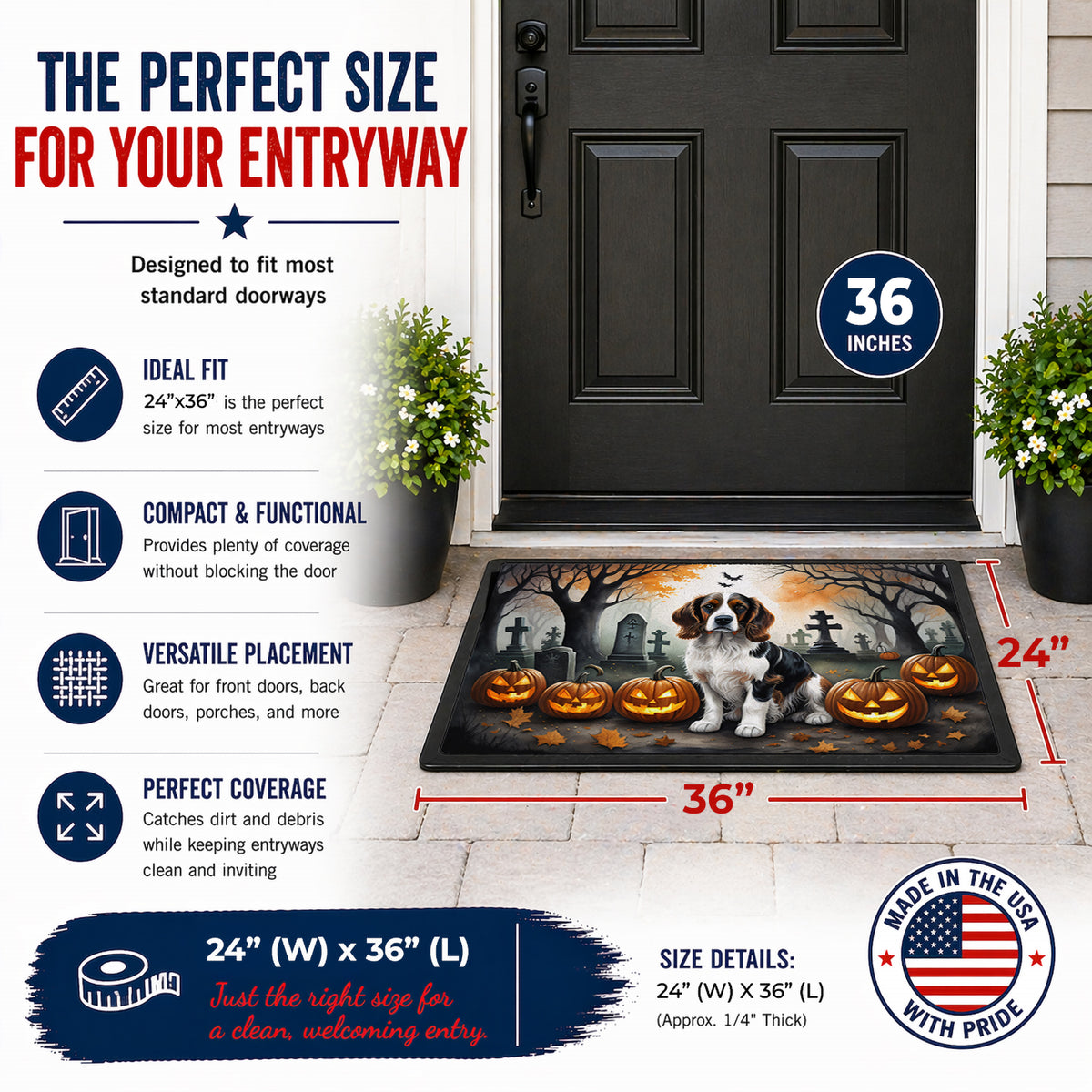 Caroline's Treasures DAC2057JMAT Welsh Springer Spaniel Spooky Halloween Indoor or Outdoor Mat 24x36 Front Door Mat Indoor Outdoor Rugs for Entryway, Non Slip Washable Low Pile, 24H X 36W