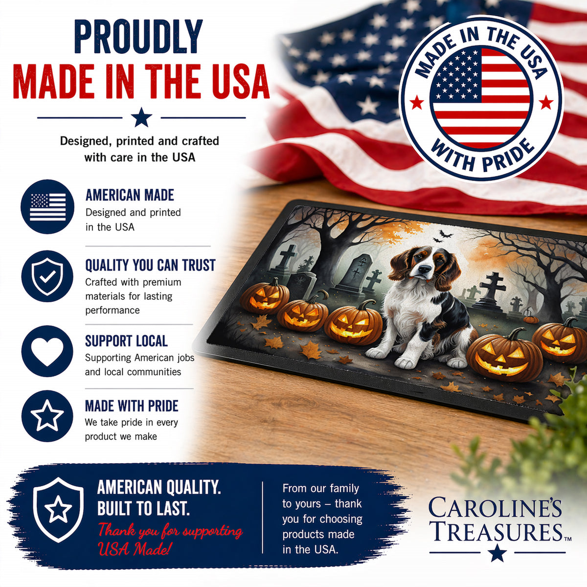 Caroline's Treasures DAC2057JMAT Welsh Springer Spaniel Spooky Halloween Indoor or Outdoor Mat 24x36 Front Door Mat Indoor Outdoor Rugs for Entryway, Non Slip Washable Low Pile, 24H X 36W