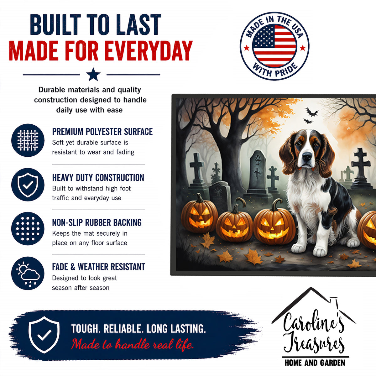 Caroline's Treasures DAC2057JMAT Welsh Springer Spaniel Spooky Halloween Indoor or Outdoor Mat 24x36 Front Door Mat Indoor Outdoor Rugs for Entryway, Non Slip Washable Low Pile, 24H X 36W