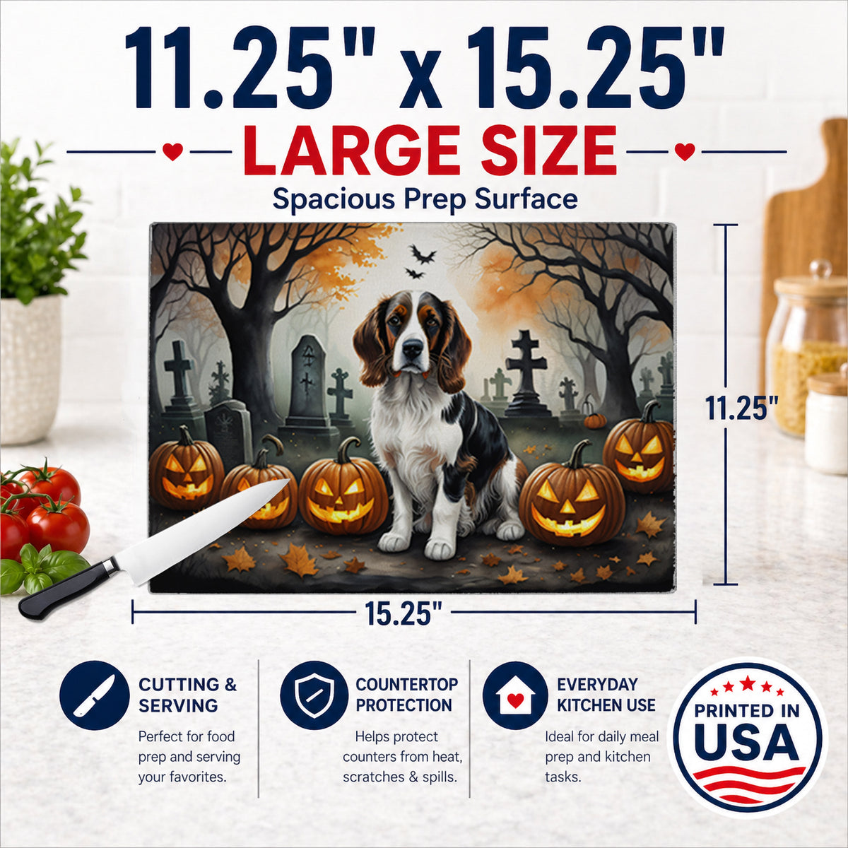Caroline's Treasures DAC2057LCB Welsh Springer Spaniel Spooky Halloween Glass Cutting Board Large Decorative Tempered Glass Kitchen Cutting and Serving Board Large Size Chopping Board