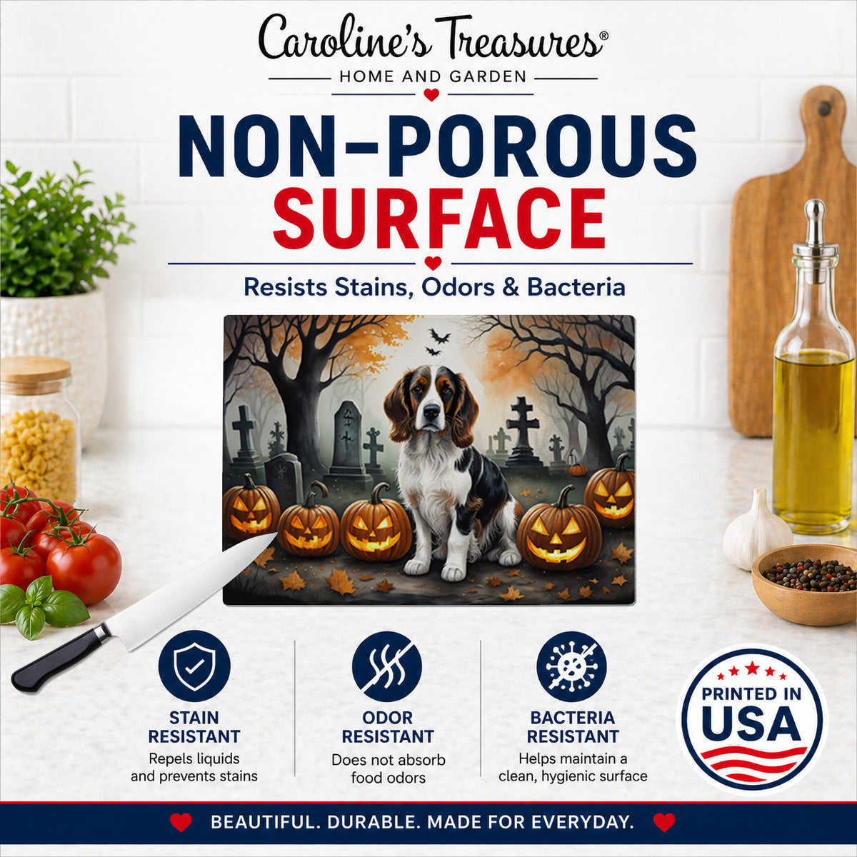 Caroline's Treasures DAC2057LCB Welsh Springer Spaniel Spooky Halloween Glass Cutting Board Large Decorative Tempered Glass Kitchen Cutting and Serving Board Large Size Chopping Board
