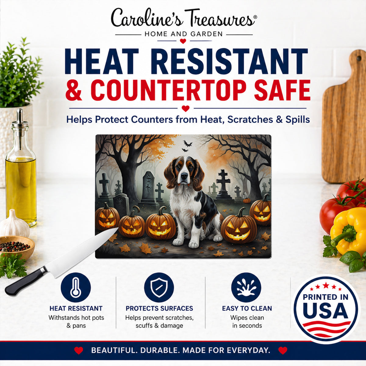 Caroline's Treasures DAC2057LCB Welsh Springer Spaniel Spooky Halloween Glass Cutting Board Large Decorative Tempered Glass Kitchen Cutting and Serving Board Large Size Chopping Board