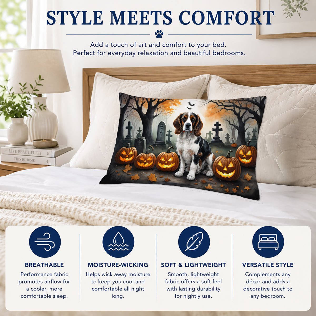 Caroline's Treasures DAC2057PILLOWCASE Welsh Springer Spaniel Spooky Halloween Fabric Standard Pillowcase Lightweight Super Soft Easy Care Decorative Artwork Pillowcase, Standard