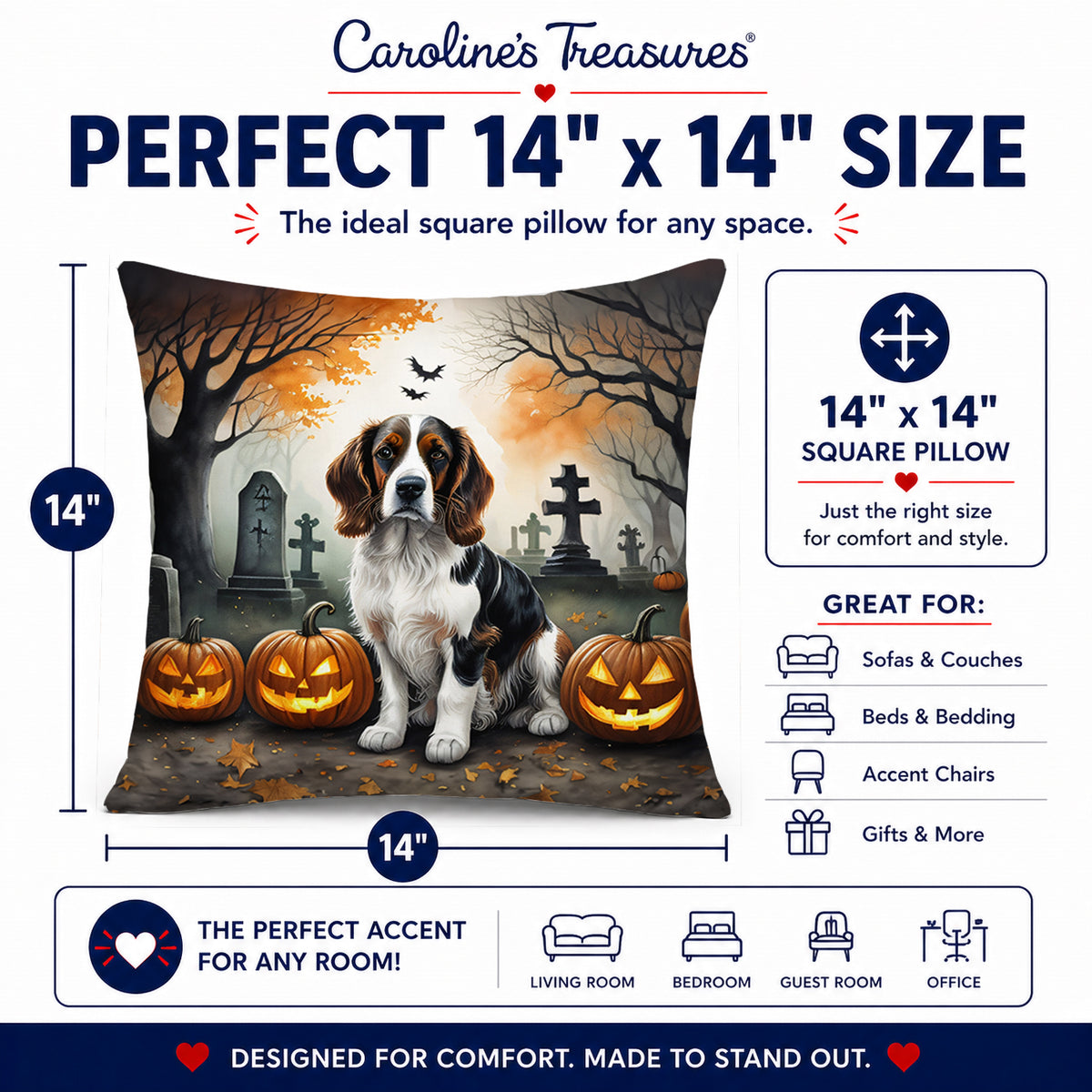 Caroline's Treasures DAC2057PW1414 Welsh Springer Spaniel Spooky Halloween Fabric Decorative Pillow Machine Washable, Indoor Outdoor Decorative Pillow for Couch, Bed or Patio, 14Hx14W